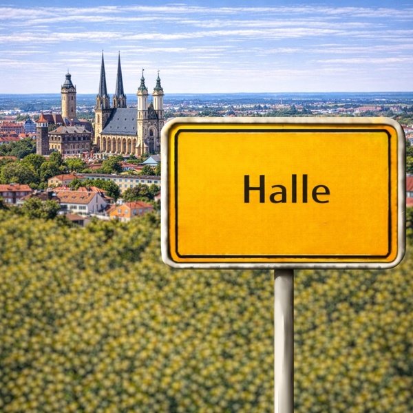 Gelbes Ortsschild Halle (Saale) mit Stadt im Hintergrund